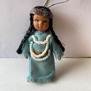 Handcrafted Native American-Inspired Doll Ornament With Beaded Necklace & Blue F